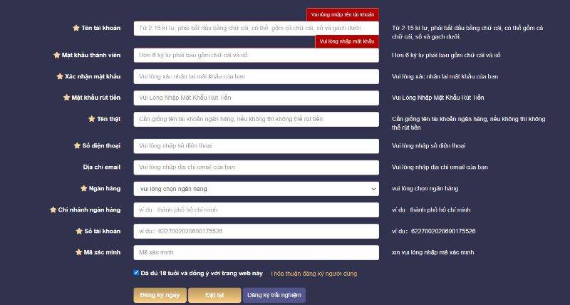 Đăng ký 2 Thông tin cung cấp cho nhà cái PQ88
